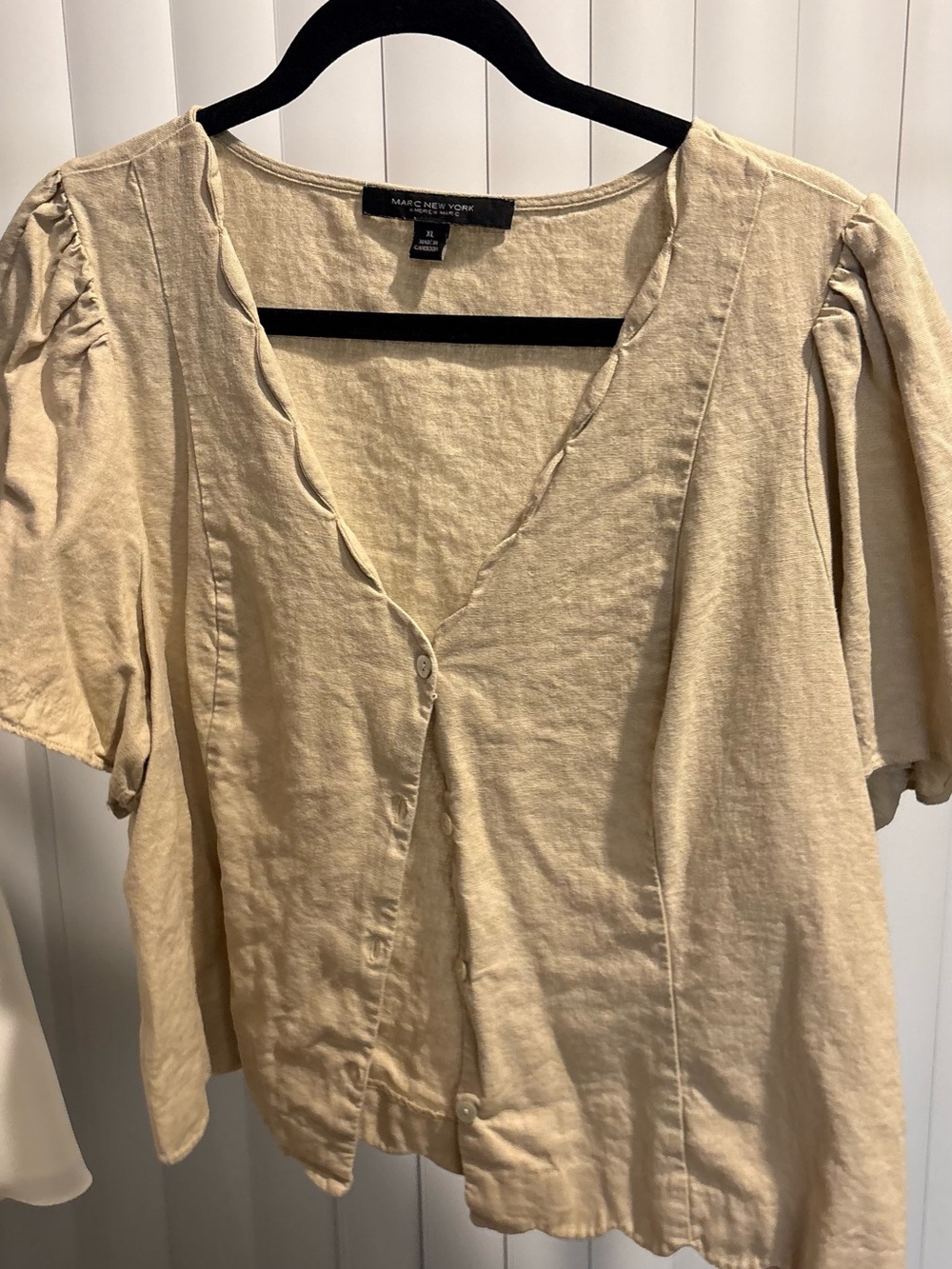 Marc New York Beige Button-Front Short Sleeve Blouse